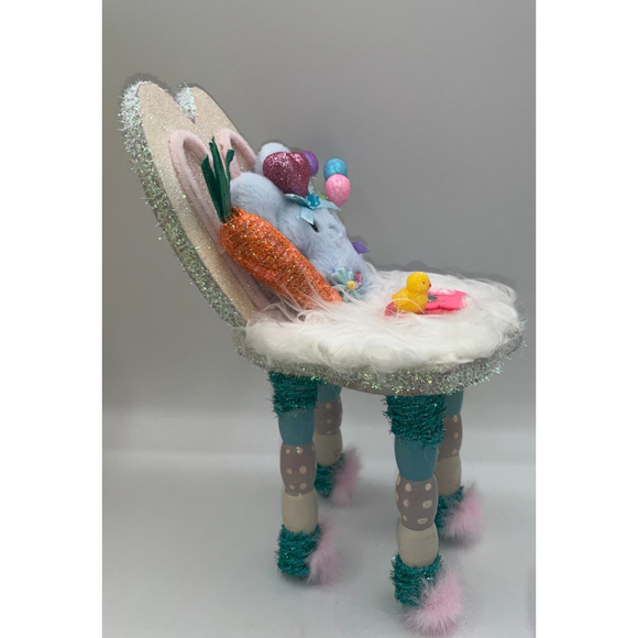 Vintage Wooden Easter Bunny Chair Faux Fur Blue Bunny Egg Balloons Deb O. OOAK - Picture 5 of 16